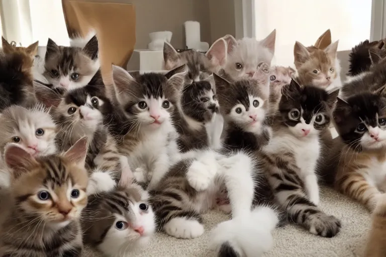 Image similar to a living room full of cute kittens that are all sitting positioned facing directly at the camera and all of the kittens are looking directly into the camera
