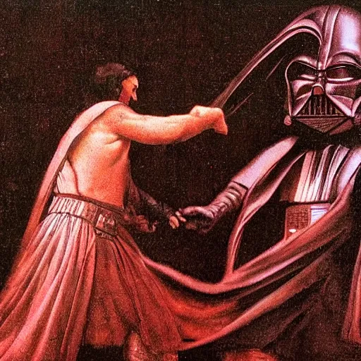 Image similar to morbius fighting darth vader. mexico city. by da vinci.