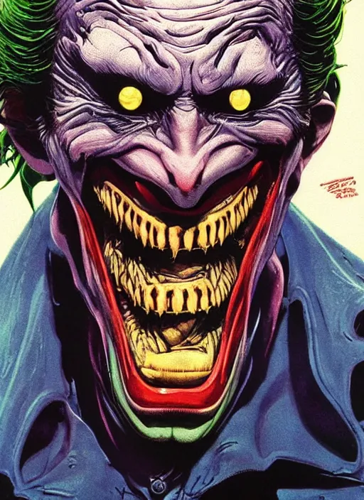 Image similar to willem dafoe as the joker, big smile, grotesque, horror, high details, intricate details, by vincent di fate, artgerm julie bell beeple, 1 9 8 0 s, inking, vintage 8 0 s print, screen print