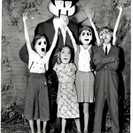 Image similar to a higly detailed album of scared children from running slenderman from the 1940s, creepy, unsettling, bad quality, cursed image