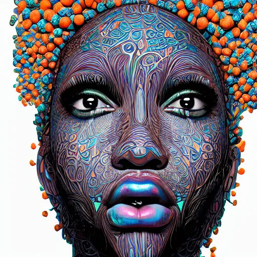 Image similar to the head of a beautiful black woman partially made of carrots and blueberries looking up, an ultrafine detailed illustration by james jean, final fantasy, intricate linework, bright colors, behance contest winner, vanitas, angular, altermodern, unreal engine 5 highly rendered, global illumination, radiant light, detailed and intricate environment