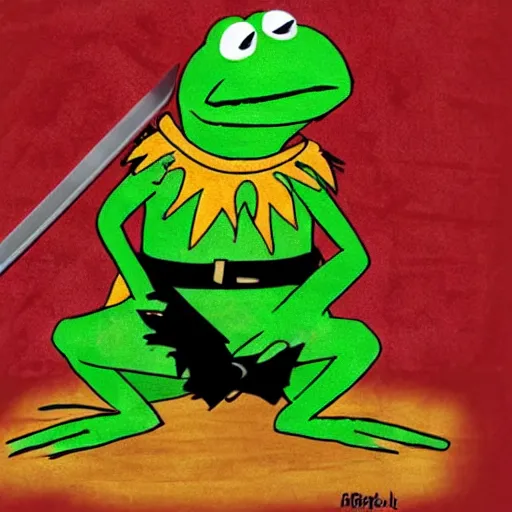 Prompt: kermit the frog as a barbarian warlord, sword and sorcery art