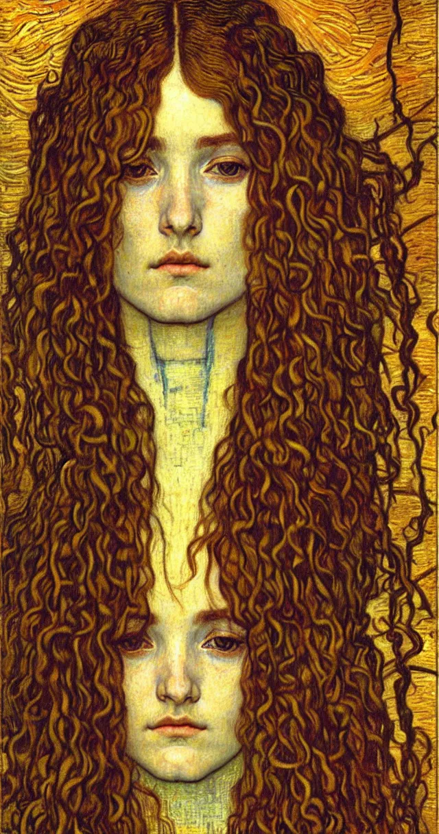 Image similar to detailed realistic beautiful young medieval queen face portrait by jean delville, gustav klimt and vincent van gogh, art nouveau, symbolist, visionary, gothic, pre - raphaelite, muted earthy colors, desaturated