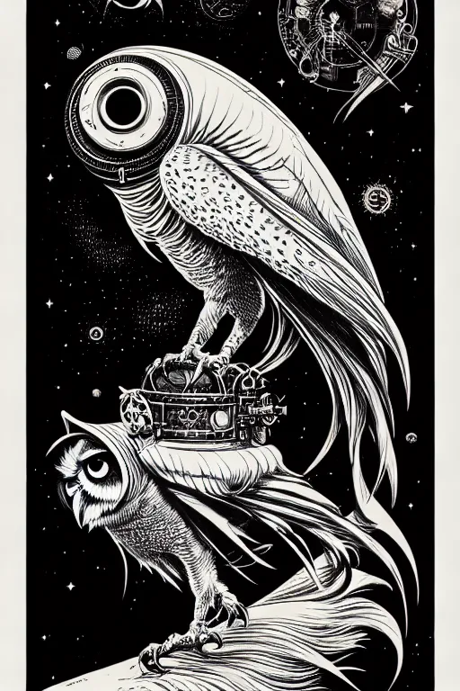 Prompt: side view of majestic steampunk anthropomorphic owl alchemist cloaked wizard, high details, bold line art, by vincent di fate and joe fenton, inking, etching, screen print, masterpiece, trending on artstation, sharp, high contrast, hyper - detailed,, hd, 4 k, 8 k