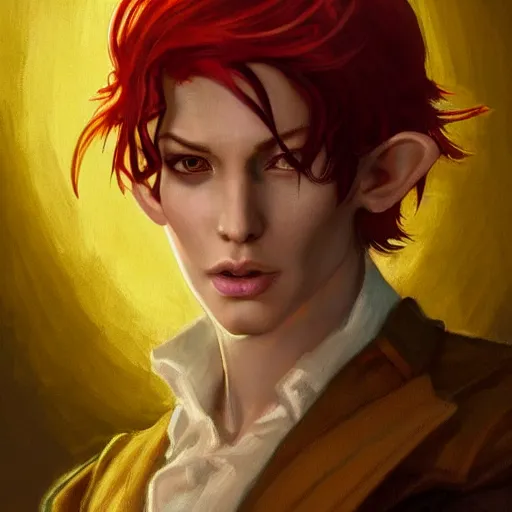 Image similar to dnd character portrait of a beautiful and androgynous half - elf with messy short red hair and catlike features and dark skin and yellow eyes with slit pupils, glowing, golden hour, wearing a colorful men's suit, realistic painting by ross tran and gerald brom and alphonse mucha, trending on artstation