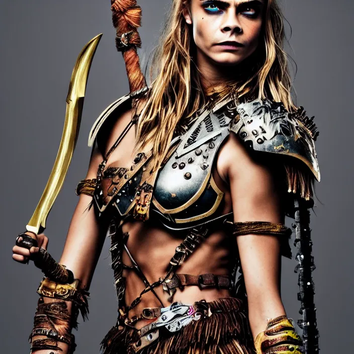 Image similar to professional full length photograph of cara delevingne as an amazon warrior. Extremely detailed. 8k