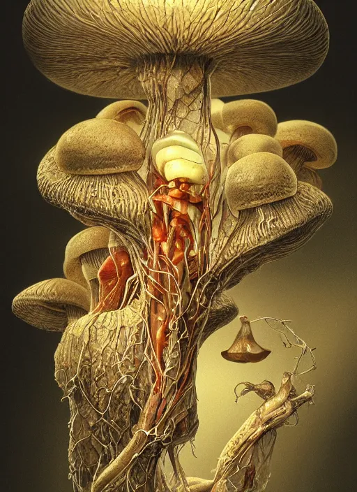 Image similar to magic mushroom with translucent skin, visible muscles and veins and arteries and bones and spines and nerves, beautiful detailed intricate insanely detailed octane render, 8k artistic photography, photorealistic, chiaroscuro, by David Cronenberg, Raphael, Caravaggio