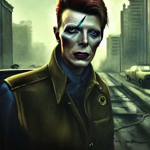 Image similar to fallout 5, charismatic david bowie, portrait, outdoors ruined cityscape, atmospheric lighting, painted, intricate, volumetric lighting, beautiful, daytime, sunny weather, slight overcast, sharp focus, deep colours, ultra detailed, by leesha hannigan, ross tran, thierry doizon, kai carpenter, ignacio fernandez rios