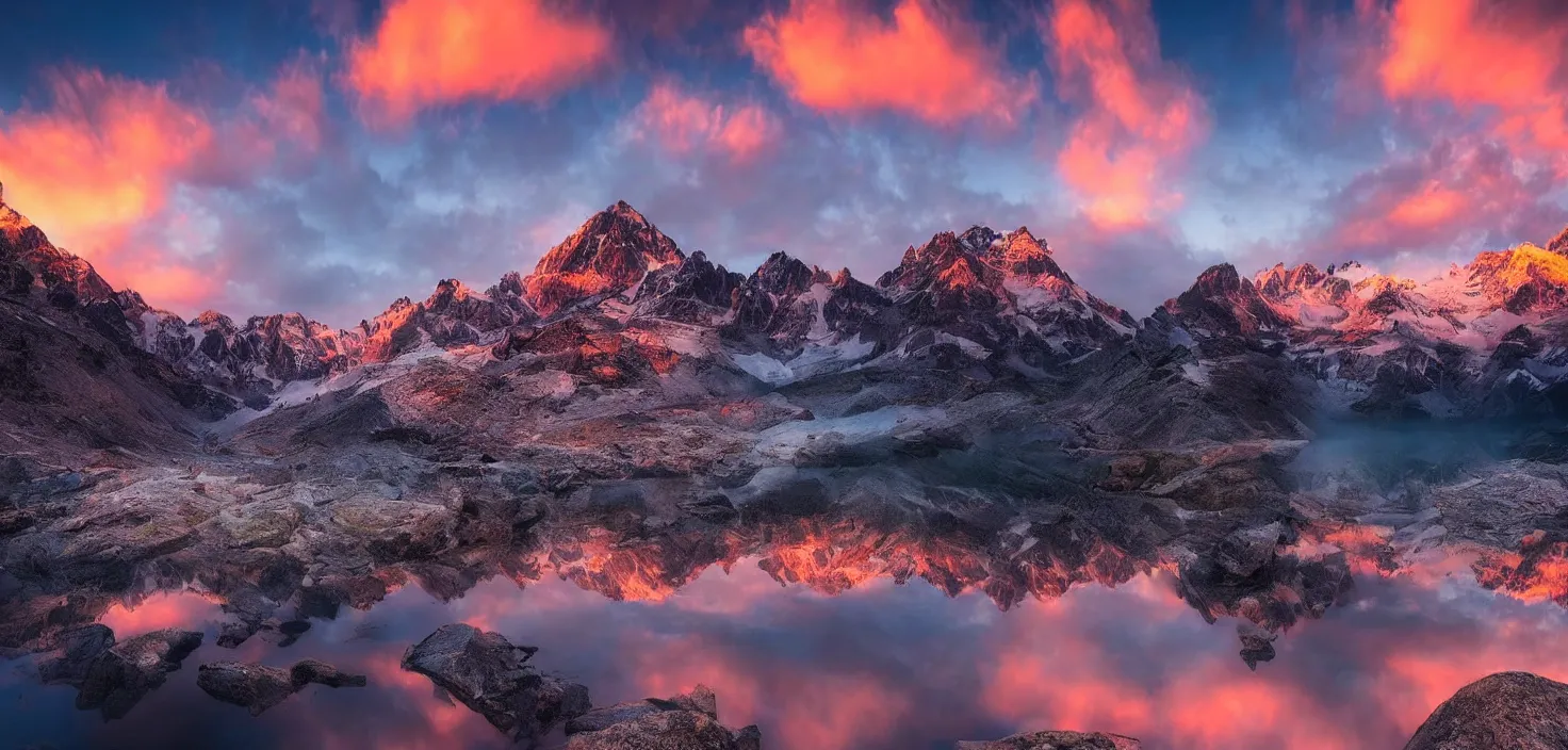 Image similar to amazing landscape photo of mountains with lake in sunset by marc adamus, beautiful dramatic lighting