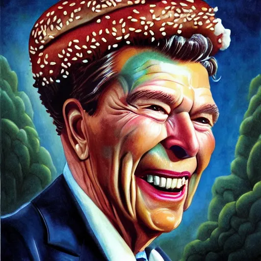 Prompt: surreal grotesque kitsch low-brow portrait of Ronald Reagan emerging from deep shadows eating hamburgers, extra onions and ketchup, luscious patty with sesame seeds, figure in the darkness, serving big macs, painted by John Singer Sargant, Adrian Ghenie, style of William Blake, watercolor, highly detailed, 8k, trending on artstation