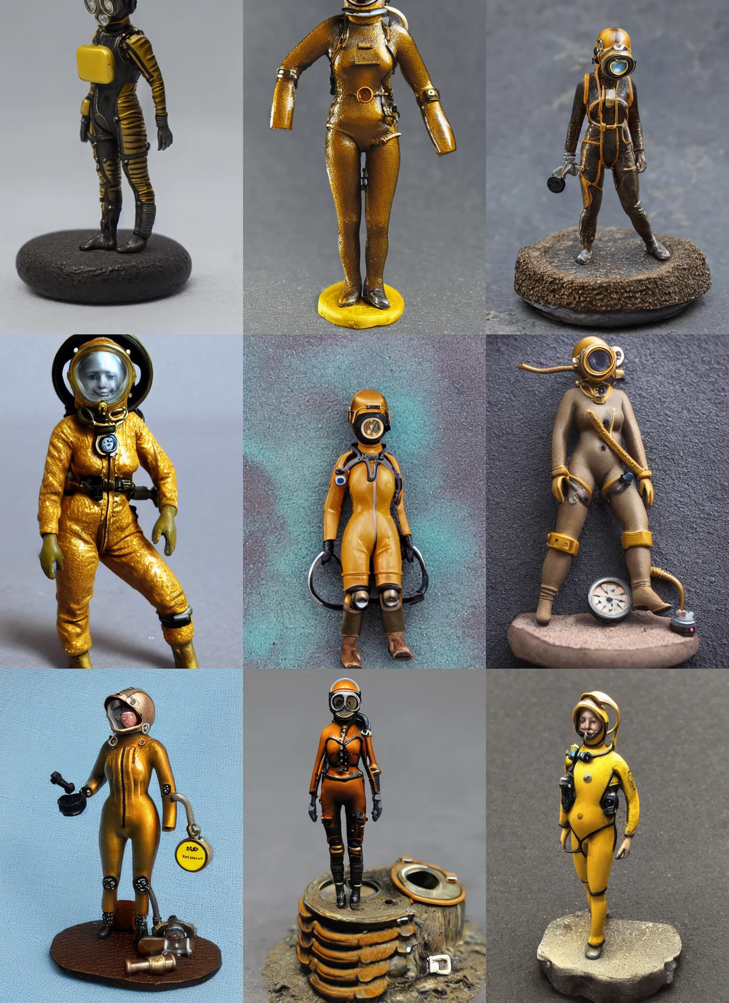 Prompt: 80mm resin detailed miniature of a Diver woman, diving suit, steampunk, helmet, stomach, navel, belly, boots, symbol, textured base; Miniature Product Photos, 4K, view from front