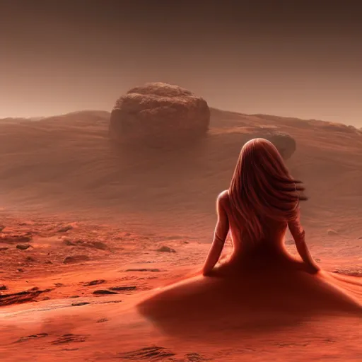 Image similar to Still of a Martian woman with gorgeous flowing hair on Mars, sitting on a Martian rock, reddish atmosphere with detailed highlights, dark gloomy sky cascading upon the atmosphere, well-detailed ornate Martian mountains in the background, trending on artstation, 4k, 8k