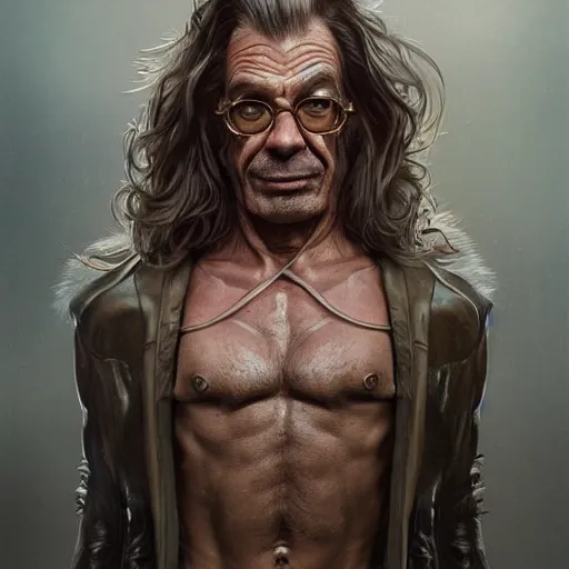 Image similar to portrait of greasy strangler, soft hair, muscular, half body, leather, hairy, d & d, fantasy, intricate, elegant, highly detailed, digital painting, artstation, concept art, smooth, sharp focus, illustration, art by artgerm and greg rutkowski and alphonse mucha