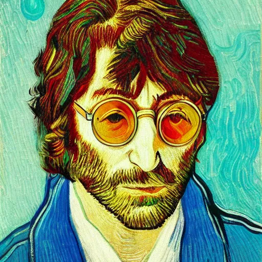 Prompt: an artistic portrait of john lennon, peaceful, friendly, high quality, studio photography, colorful, hero, heroic, beautiful, in the style of vincent van gogh