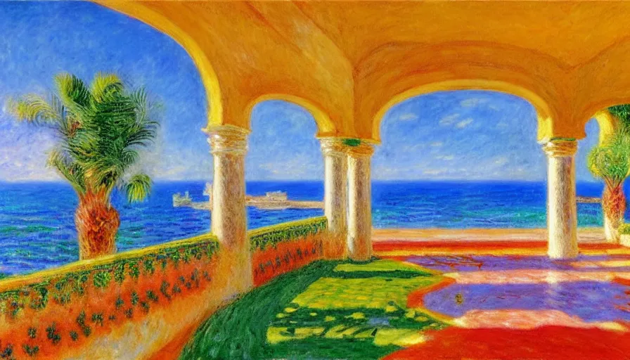 Image similar to a 1 9 9 8 southern spain palace!!! costa blanca, designed by claude monet, bispo do rosario, arnold bocklin, tarsila do amaral and gustave baumann, cheval michael, warm, mediterranean, star, sharp focus, colorful refracted sparkles and lines, soft light, 8 k 4 k