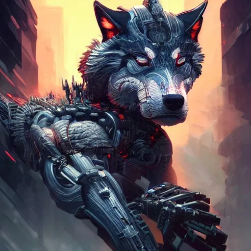 Image similar to an angry cyborg wolf apex predator. intricate, epic lighting, cinematic composition, hyper realistic, 8 k resolution, unreal engine 5, by artgerm, tooth wu, dan mumford, beeple, wlop, rossdraws, james jean, marc simonetti, artstation