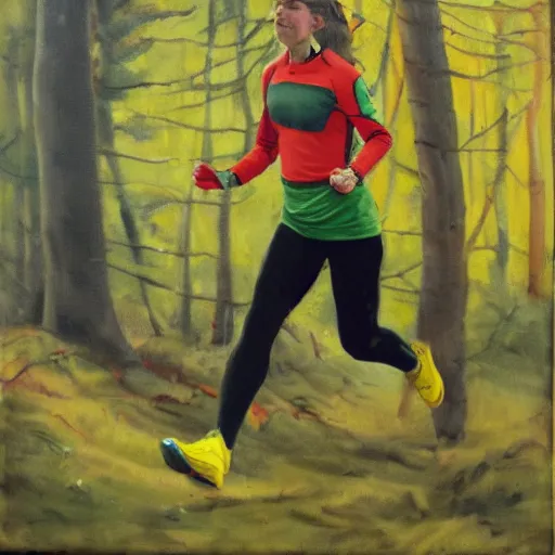 Image similar to a female orienteer wearing a yellow long - sleeved shirt and black tights runs in the forest, oil on canvas.