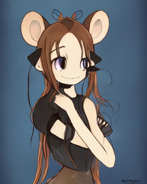 Image similar to A cute wakfu-style frontal painting of a very very beautiful anime skinny mousegirl with long wavy brown colored hair and small mouse ears on top of her head wearing a cute black dress and black shoes looking at the viewer, elegant, delicate, feminine, soft lines, higly detailed, smooth , pixiv art, ArtStation, artgem, art by alphonse mucha Gil Elvgren and Greg rutkowski, high quality, digital illustration, concept art, very long shot, game character