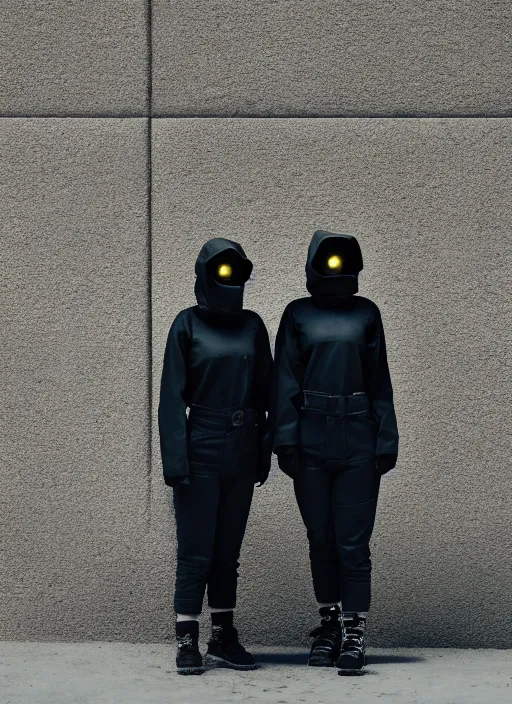 Image similar to cinestill 5 0 d photographic portrait of two clones standing in front of a brutalist metal building, techwear women on a desolate plain, closeup, depth of field, 4 k, 8 k, hd, full color