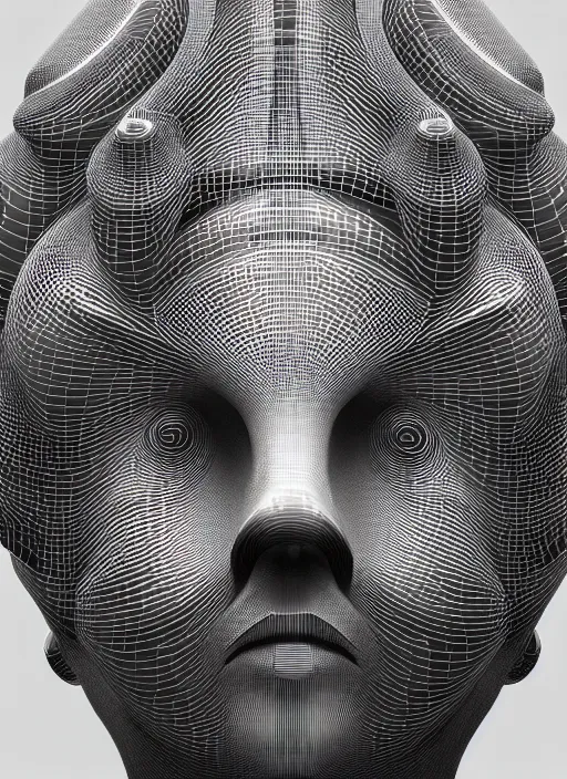 Image similar to highly detailed surreal vfx portrait of a 3 d head made of speaker stacks. 🔈 polyphonic pulse projections, liquid light, metallic, galactic, crystalline edges, elegant, centered hyperrealistic, octane render, inspired by james jean, okuda sam miguel, android jones, beeple, rhads nvidia raytracing demo, 8 k