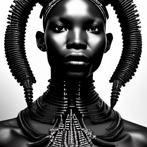 Prompt: portrait of an absurdly beautiful, graceful, sophisticated, fashionable black cyberpunk mechanoid gravure idol, ultrafine hyperdetailed illustration by irakli nadar, alek wek, matt wisniewski style, intricate linework, ebony skin, neon jellyfish headdress, ivory carved ruff, unreal engine 5 highly rendered, global illumination, radiant light, detailed and intricate environment