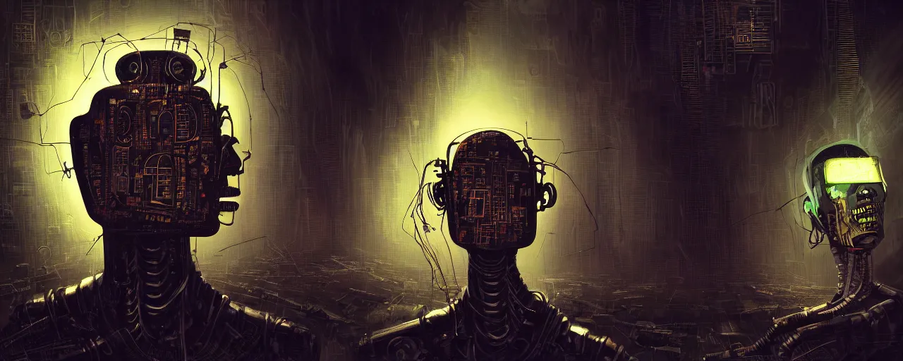 Prompt: dark scifi illustration 3 / 4 portrait of a robot reading necronomicon in apocalyptic city. cinematic lighting mad scientist style. golden ratio accidental renaissance. in the style of dave mckean and jean michel basquiat. graffiti art, scifi, fantasy, hyper detailed. octane render. concept art. trending on artstation