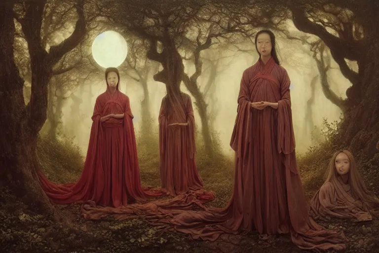 Image similar to wuxia, forest, moonlight, intricate beautiful faces, painting by agostino arrivabene, vanessa beecroft, anka zhuravleva, mary jane ansell, peter mohbacher, gerald brom