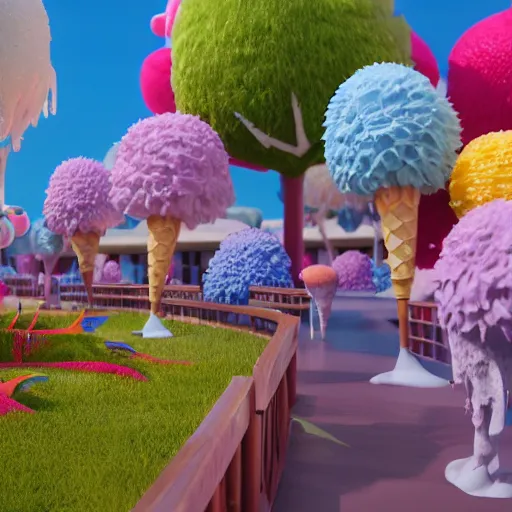 Image similar to ice cream world, candy tree, human pets, 3 d render, illustrated, incredible details, highly detailed, colorful, photorealistic, disney pixar, octane render, iridescent, anime, 8 k