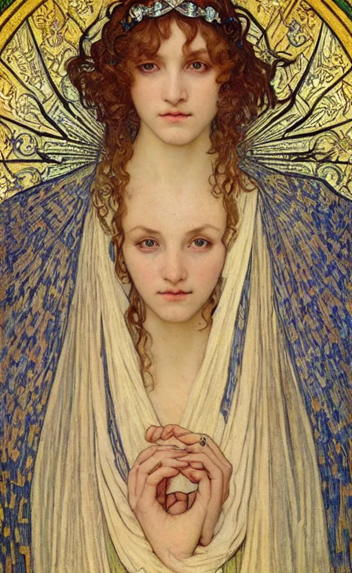 Image similar to detailed realistic beautiful young medieval queen face portrait by jean delville, alphonse mucha, vincent van gogh, and marco mazzoni, art nouveau, symbolist, visionary, gothic, pre - raphaelite