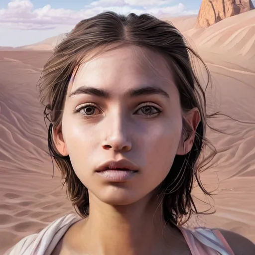 Image similar to a detailed portrait of a girl in the desert, art illustration, incredibly highly detailed and realistic, 8 k, sharp focus