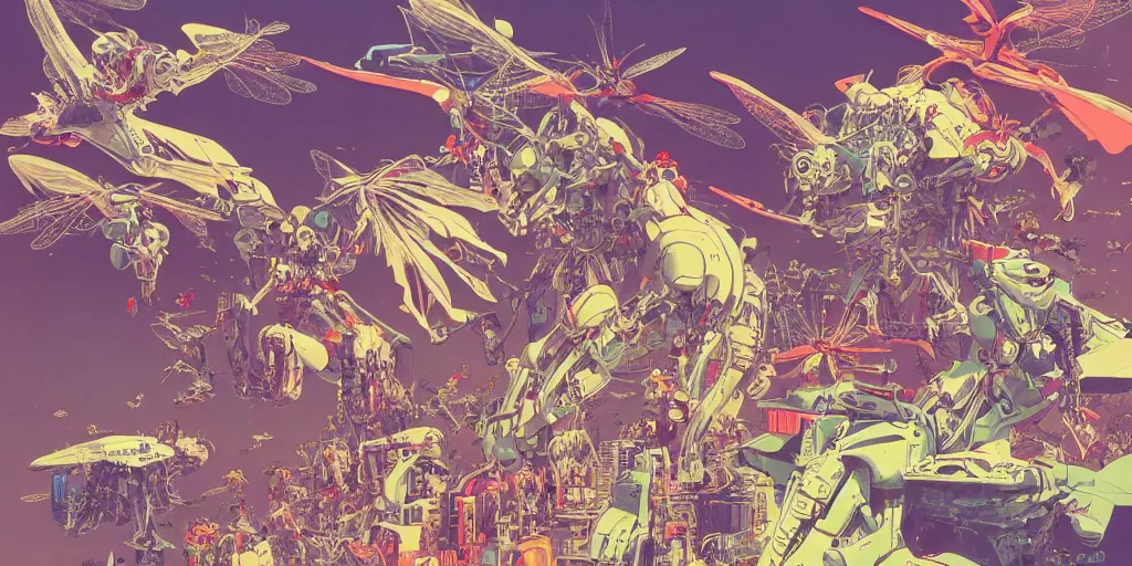 Image similar to risograph rendition, gigantic mecha arzach birds with dragonflies, tiny rats, a lot of exotic animals around, big human faces everywhere, helicopters and tremendous birds, by satoshi kon and moebius, matte bright colors, surreal design, crispy, super - detailed, a lot of tiny details, fullshot