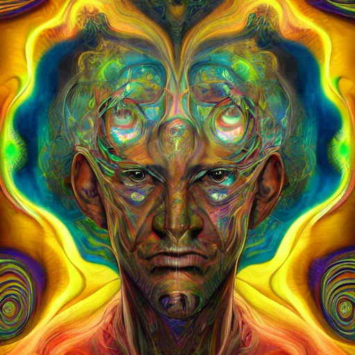 Image similar to a digital painting of a man's face, digital art by android jones and amanda sage, behance contest winner, psychedelic art, biomorphic, rendering in intricate poster art, tarot card lovecraftian, outlined art