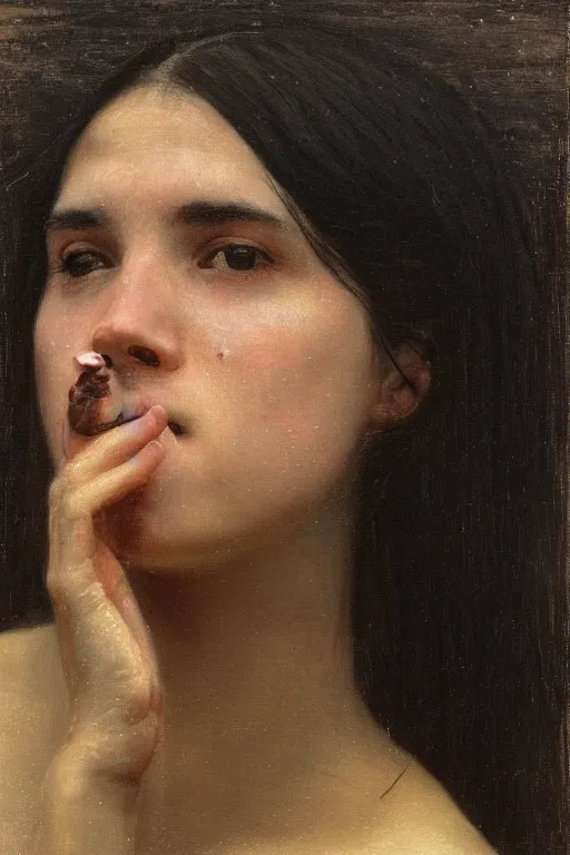 Prompt: young woman's face breaking the waters surface, long black hair, pale skin, symmetrical face, photorealism, 4k, dramatic lightning, by Thomas Eakins,