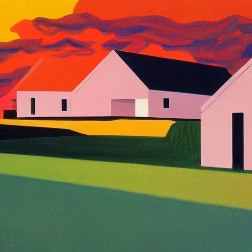 Image similar to dreaming futuristic rural landscape with modern houses, painted by Alex Katz and Edward Hopper, airbrush, highly detailed