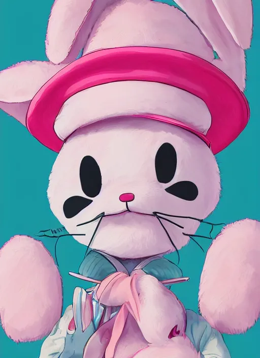 Image similar to amazingly detailed semirealism, anthropomorphic pink rabbit character wearing a bucket hat. Cute, kawaii, Cooky, bt21, Sanrio inspired. Beautiful artwork, Rabbt_character, rabbit_bunny, 獣, iconic character splash art, Detailed fur, detailed textures, 4K high resolution quality artstyle professional artists WLOP, Aztodio, Taejune Kim, Guweiz, Pixiv, Instagram, dribbble, ArtstationHD