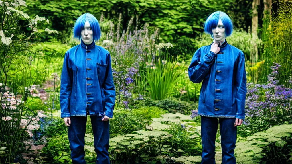 Image similar to portrait of a androgynous woman with blue hair, wearing a jeans jackets, a high collar t - shirt and baggy jeans, in the style of rogier van der weyden and jacopo da pontormo, standing in a botanical garden, bjork aesthetic, masterpiece, cyberpunk, asian art