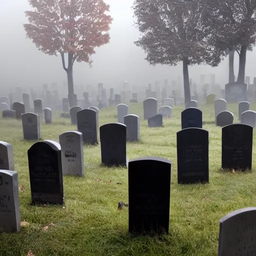 Image similar to A graveyard, with headstones and crypts, and a foggy mist rolling in, in a Halloween style.