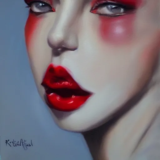 Image similar to hyperrealism oil painting, fashion model portrait, red lip stains, roses