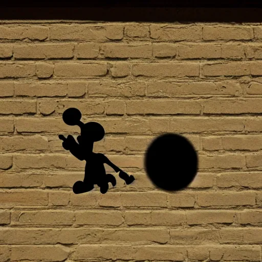 Prompt: shadow on the wall at a party of mikey mouse with a gun.