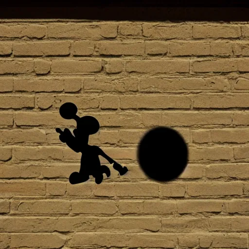 Image similar to shadow on the wall at a party of mikey mouse with a gun.