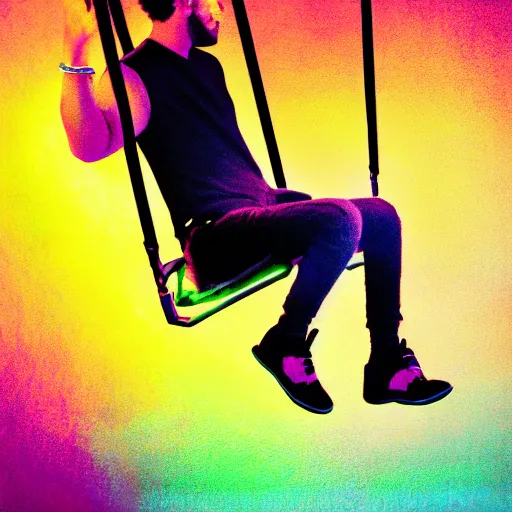 Image similar to pop art of Weeknd wearing shorts swinging on a swing at night neon lights