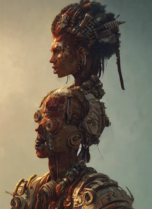 Image similar to hyper realistic photography portrait of postapocalyptic cyberpunk asian cyborg tribal aztec warrior amazon cinematic, vallejo, craig mullins greg rutkowski, artstation, cgsociety