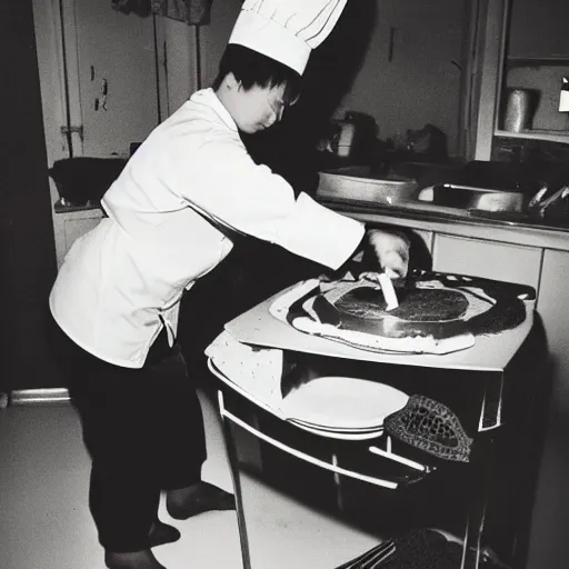 Prompt: a chef cat baking a cake 8 mm creepy photography lomo
