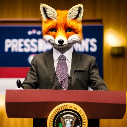 Image similar to a fox animal dressed in a suit giving a presidential press conference, 8 5 mm f / 1. 4