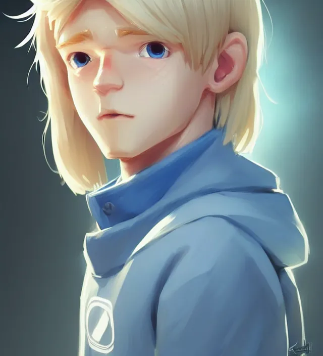 Image similar to character concept art of a cute young german boy with blond hair and bluish eyes, wearing a laboratory wear. lovely - fine - face, pretty face, key visual, realistic shaded perfect face, fine details by rossdraws, james jean, andrei riabovitchev, marc simonetti, sakimichan, trending on artstation