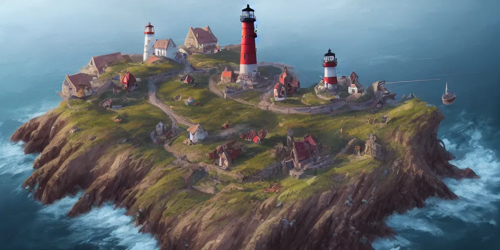 Image similar to Very small fantasy village on a cape with a lighthouse, fishing boats, view from above. In style of Greg Rutkowski, Jesper Ejsing, Makoto Shinkai, trending on ArtStation, fantasy, great composition, concept art, highly detailed, scenery, 8K, Behance.