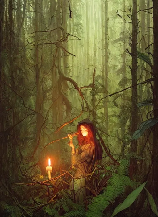 Image similar to a hyper realistic witch shrine, candles, in the woods, distant explosions, gorgeous lighting, lush forest foliage, painting by chiara bautista and tom bagshaw, mucha, beksinski and norman rockwell and greg rutkowski weta studio, and lucasfilm