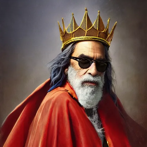 Prompt: stoner King Tommy Chong wears a doublet whilst wearing a red velvet cape and golden crown edward julius detmold jehan choo jeff simpson arkhip kuindzhi raphael lacoste guillem h. pongiluppi grisaille