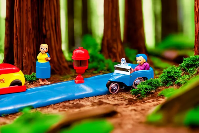 Image similar to fisher price redwood forest, california scene from tv show hyper detailed 5 5 mm 8 5 mm, toy photography, made out of plastic