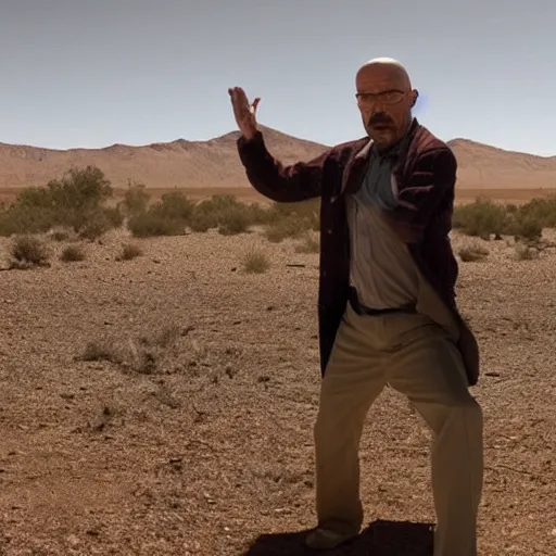 Image similar to Walter White doing the nae nae dance in the desert, highly intricate, highly detailed, cinematic,